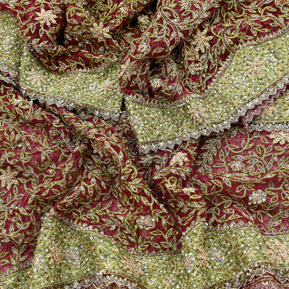 Indian Vintage Heavy Bridal Dupatta Pink Net Mesh Long Stole Hand Embroidered Scarves Silver Zardozi Dabka Zari Sequins Wedding Dupatta