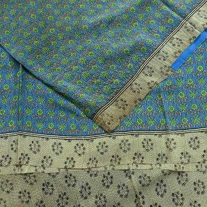 Indian Vintage Sari Ivory & Blue Pure Crepe Silk Printed Sarees 5yard Sewing Floral Soft Craft Fabric Wrap