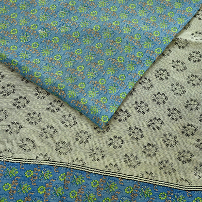 Indian Vintage Sari Ivory & Blue Pure Crepe Silk Printed Sarees 5yard Sewing Floral Soft Craft Fabric Wrap