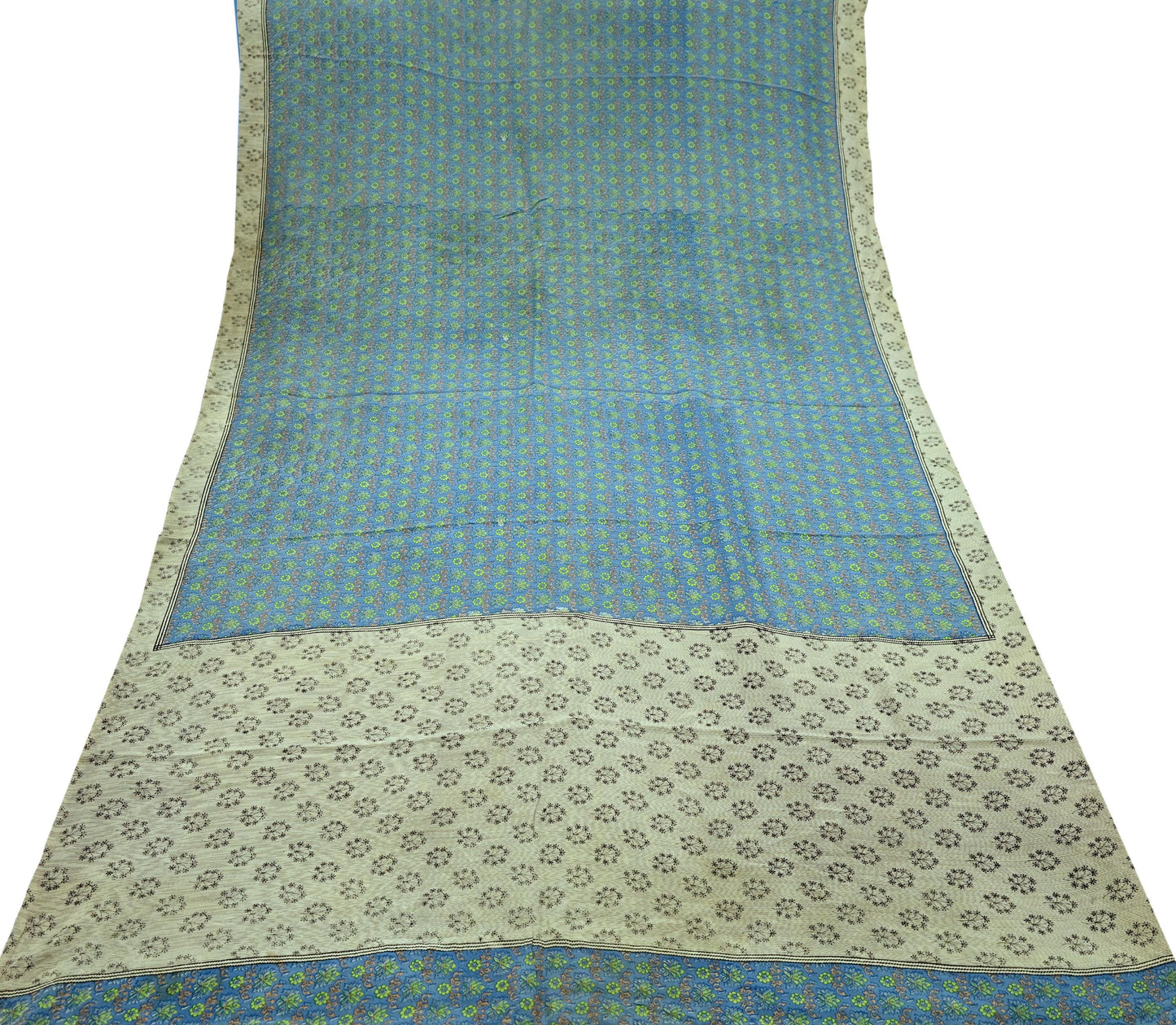 Indian Vintage Sari Ivory & Blue Pure Crepe Silk Printed Sarees 5yard Sewing Floral Soft Craft Fabric Wrap