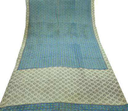 Indian Vintage Sari Ivory & Blue Pure Crepe Silk Printed Sarees 5yard Sewing Floral Soft Craft Fabric Wrap