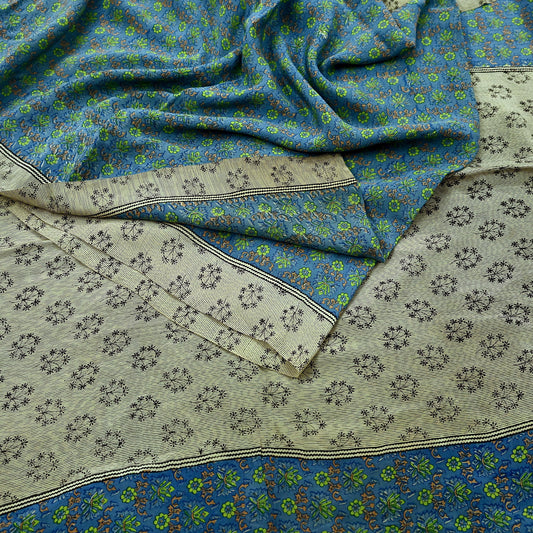 Indian Vintage Sari Ivory & Blue Pure Crepe Silk Printed Sarees 5yard Sewing Floral Soft Craft Fabric Wrap
