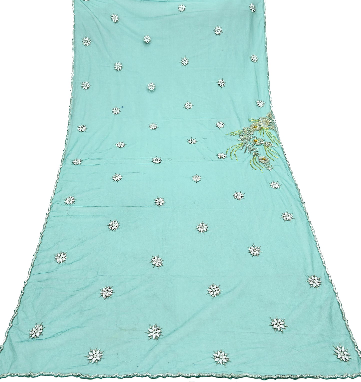 Indian Vintage Green Dupatta Net Mesh Long Stole Hand Embroidered Scarves Glass Beaded Sequins Hijab Veil wrap Boho