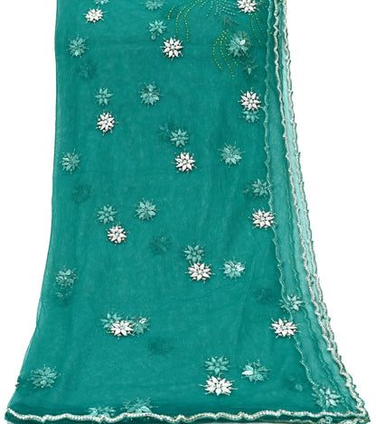 Indian Vintage Green Dupatta Net Mesh Long Stole Hand Embroidered Scarves Glass Beaded Sequins Hijab Veil wrap Boho