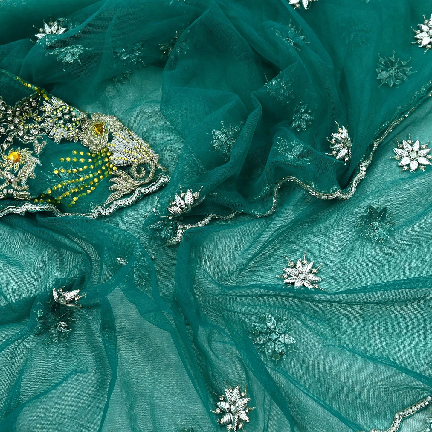 Indian Vintage Green Dupatta Net Mesh Long Stole Hand Embroidered Scarves Glass Beaded Sequins Hijab Veil wrap Boho