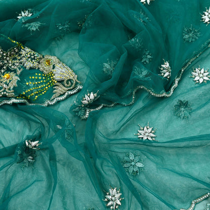 Indian Vintage Green Dupatta Net Mesh Long Stole Hand Embroidered Scarves Glass Beaded Sequins Hijab Veil wrap Boho