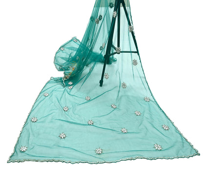Indian Vintage Green Dupatta Net Mesh Long Stole Hand Embroidered Scarves Glass Beaded Sequins Hijab Veil wrap Boho