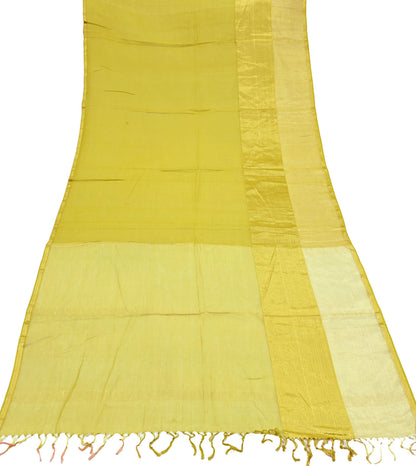 Indian Vintage Dupatta Lemon Green Long Stole Printed Woven Pure Cotton Scarves Veil Golden Zari Soft Stripes Design