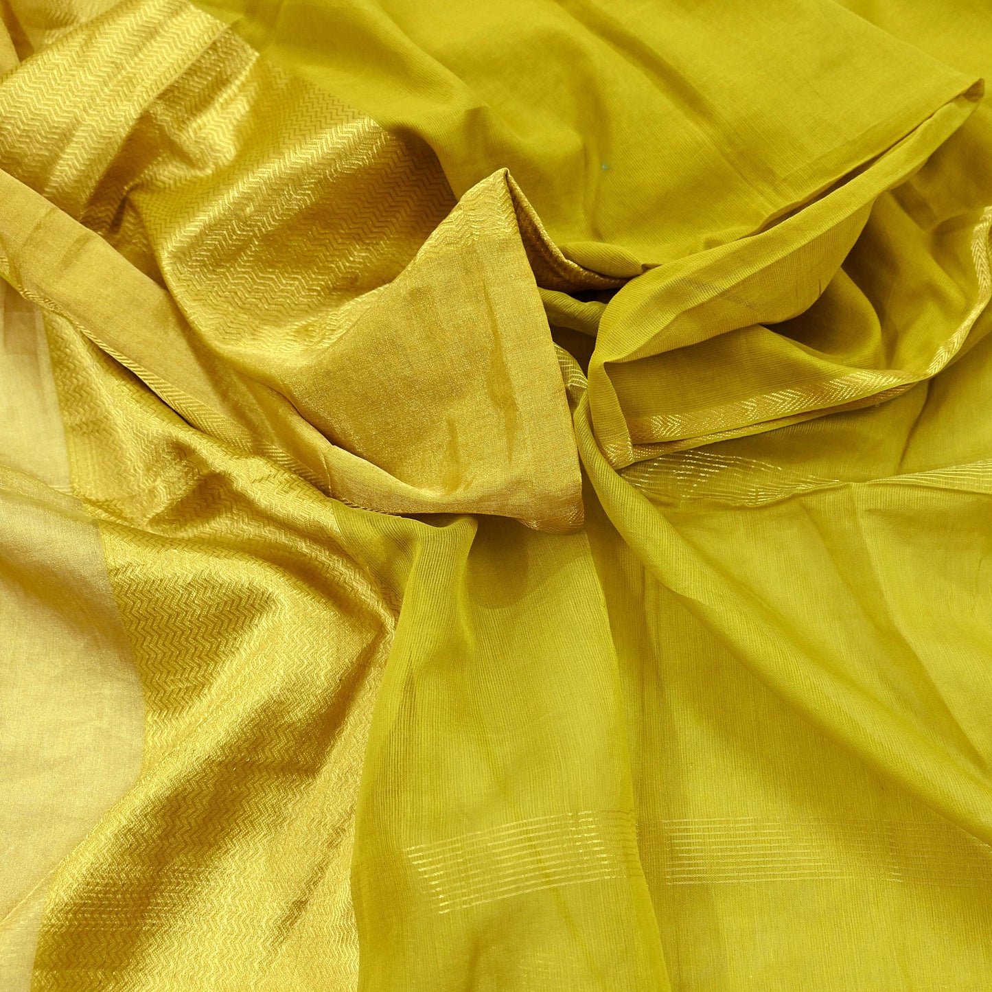 Indian Vintage Dupatta Lemon Green Long Stole Printed Woven Pure Cotton Scarves Veil Golden Zari Soft Stripes Design