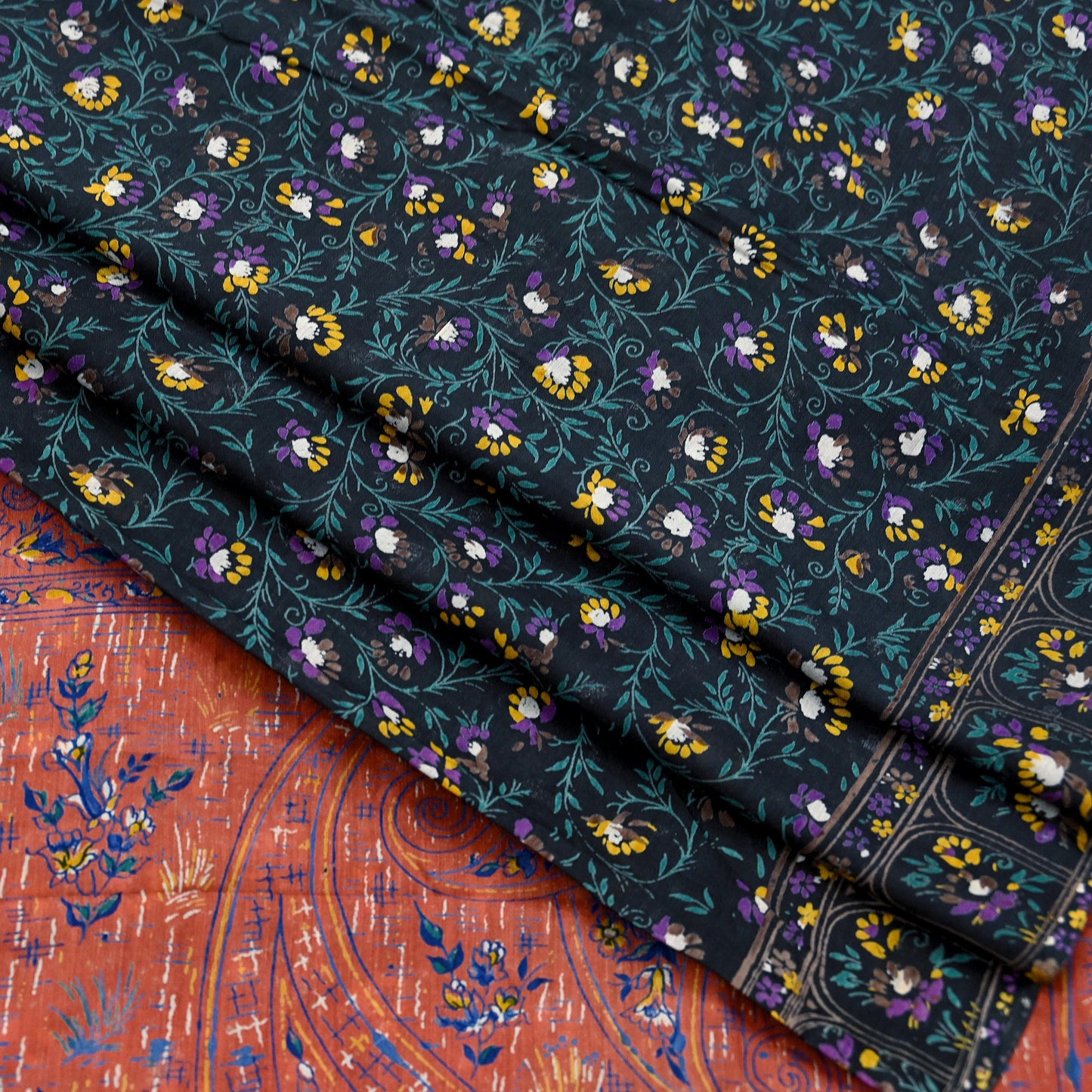 Indian Vintage Sari Orange & Black Printed Pure Cotton Sarees Fabric Floral 5Yd Sarong Wrap Boho Fabric Kimono Dress making Crafting