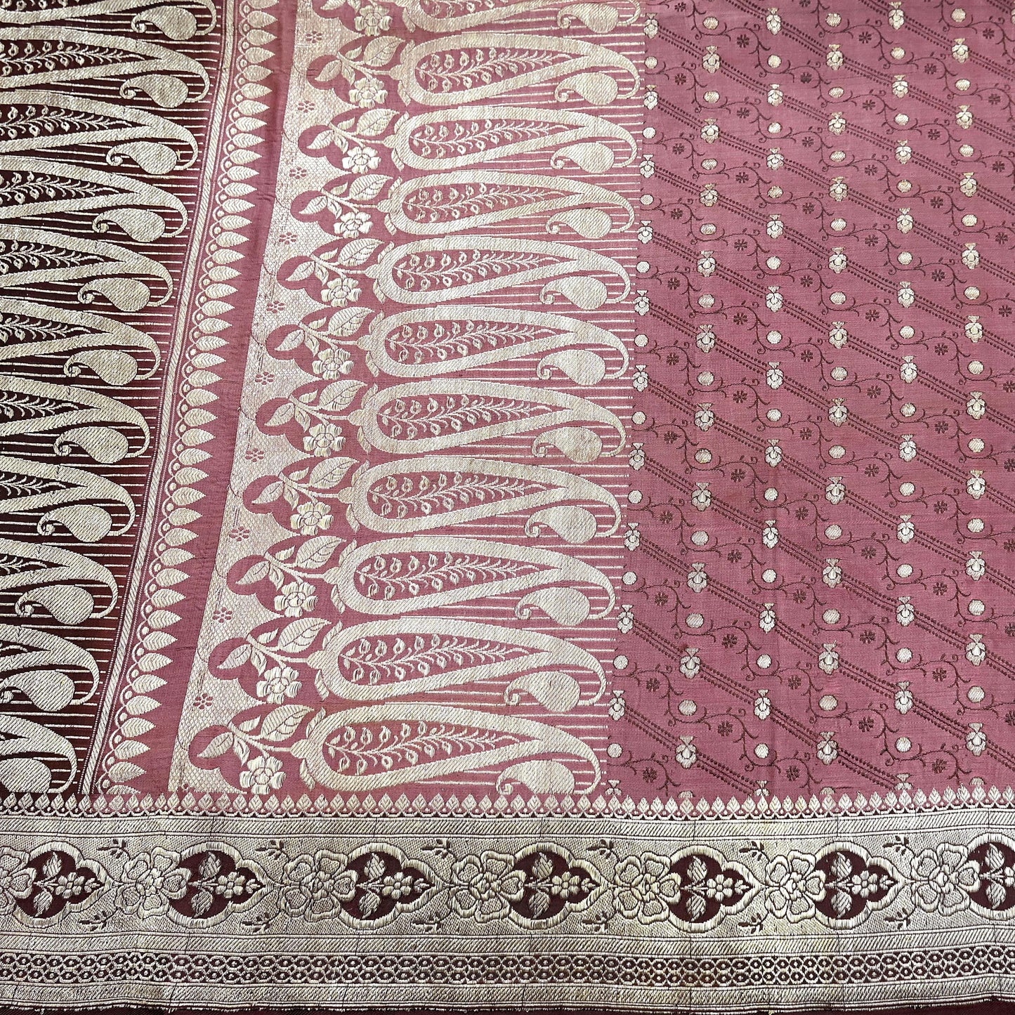 Indian Vintage Sari Heavy Wedding Pink & Brown Pure Satin Silk Woven Brocade Banarasi Sarees Silver Zari 5Yd Dress making Crafting Upcycle