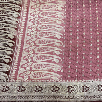 Indian Vintage Sari Heavy Wedding Pink & Brown Pure Satin Silk Woven Brocade Banarasi Sarees Silver Zari 5Yd Dress making Crafting Upcycle