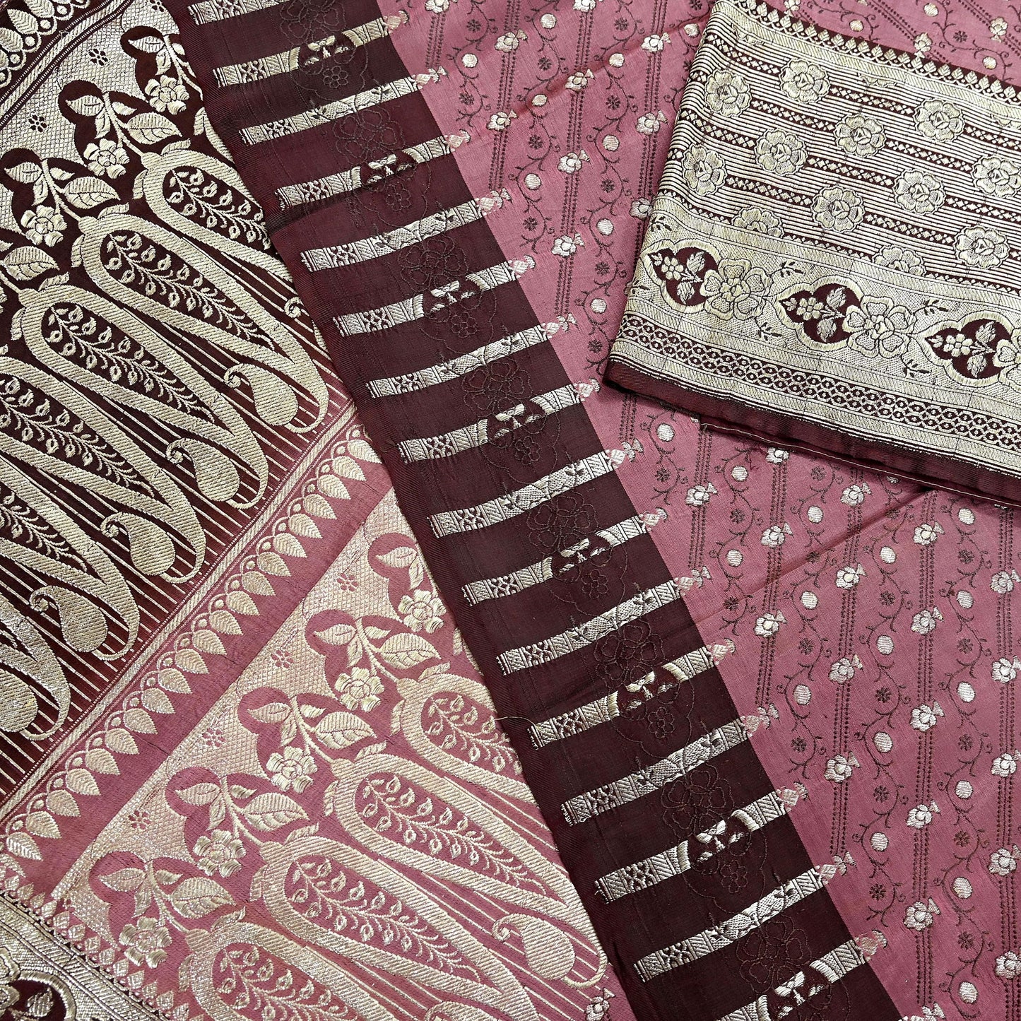 Indian Vintage Sari Heavy Wedding Pink & Brown Pure Satin Silk Woven Brocade Banarasi Sarees Silver Zari 5Yd Dress making Crafting Upcycle