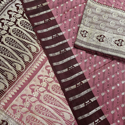 Indian Vintage Sari Heavy Wedding Pink & Brown Pure Satin Silk Woven Brocade Banarasi Sarees Silver Zari 5Yd Dress making Crafting Upcycle