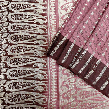 Indian Vintage Sari Heavy Wedding Pink & Brown Pure Satin Silk Woven Brocade Banarasi Sarees Silver Zari 5Yd Dress making Crafting Upcycle