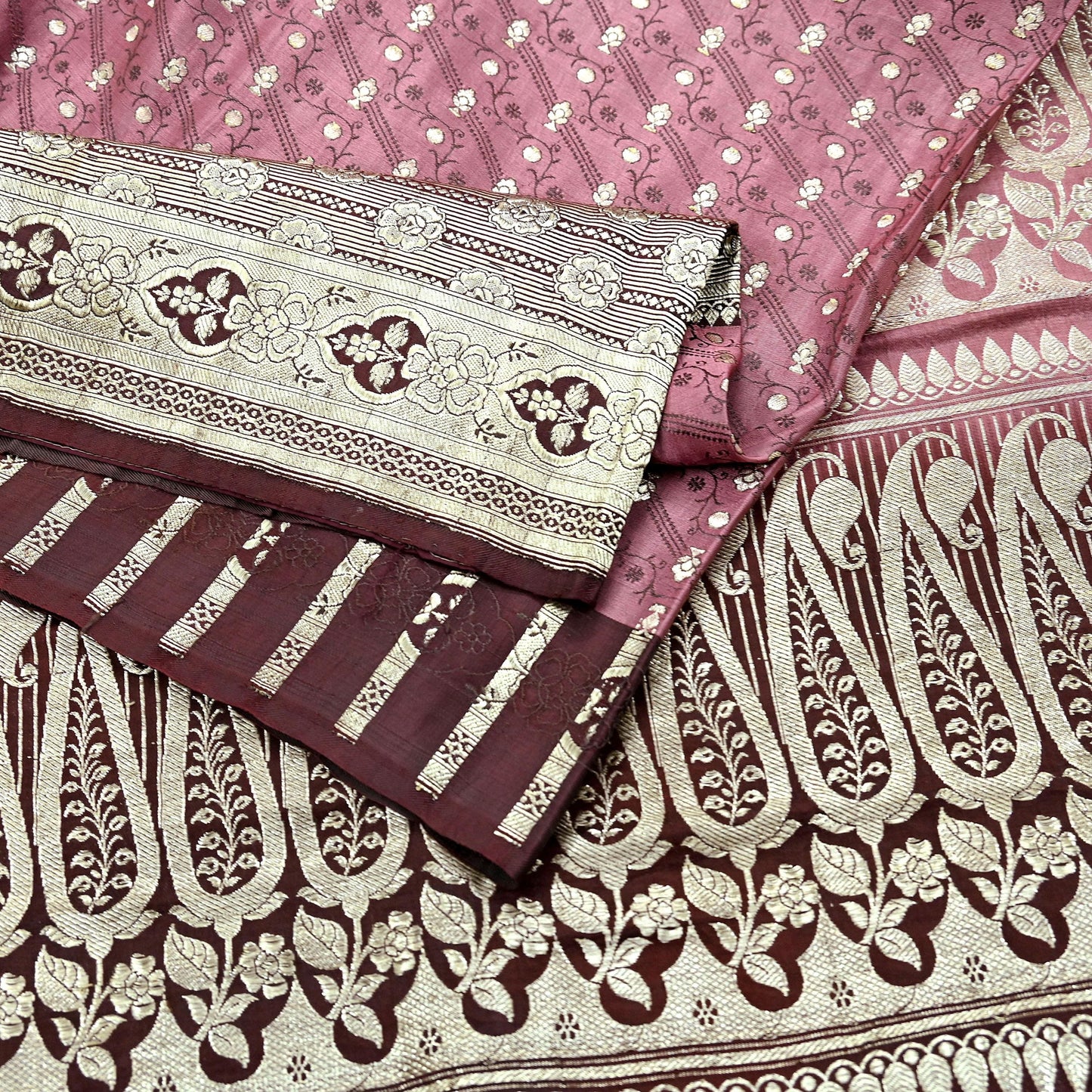 Indian Vintage Sari Heavy Wedding Pink & Brown Pure Satin Silk Woven Brocade Banarasi Sarees Silver Zari 5Yd Dress making Crafting Upcycle