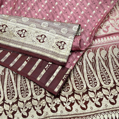 Indian Vintage Sari Heavy Wedding Pink & Brown Pure Satin Silk Woven Brocade Banarasi Sarees Silver Zari 5Yd Dress making Crafting Upcycle