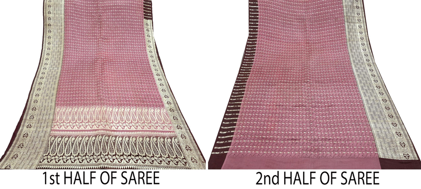 Indian Vintage Sari Heavy Wedding Pink & Brown Pure Satin Silk Woven Brocade Banarasi Sarees Silver Zari 5Yd Dress making Crafting Upcycle