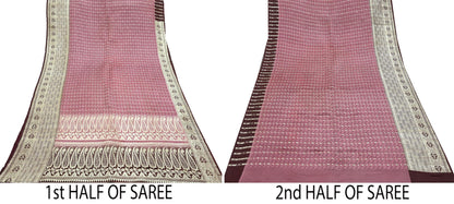 Indian Vintage Sari Heavy Wedding Pink & Brown Pure Satin Silk Woven Brocade Banarasi Sarees Silver Zari 5Yd Dress making Crafting Upcycle