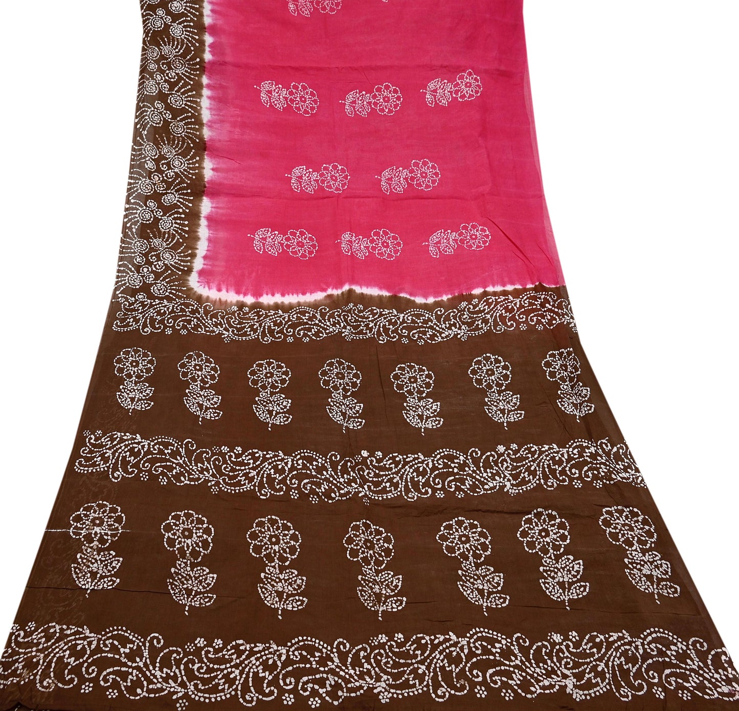 Indian Vintage Sari Pink & Brown Batik Printed Saree 100% Pure Cotton 5Yd Craft Fabric Sewing Sarong Wrap Boho Quilting Dress Making