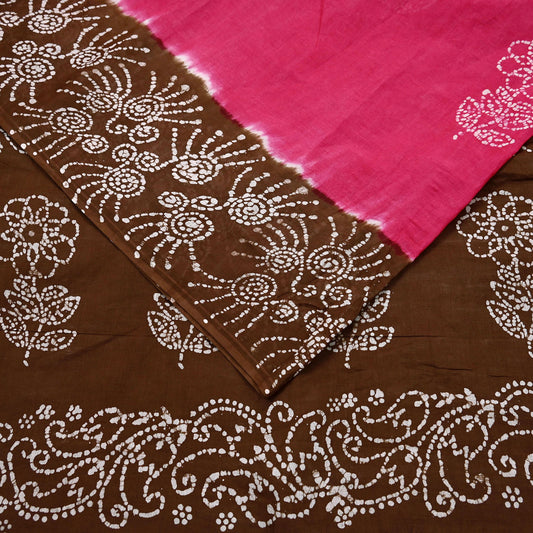 Indian Vintage Sari Pink & Brown Batik Printed Saree 100% Pure Cotton 5Yd Craft Fabric Sewing Sarong Wrap Boho Quilting Dress Making