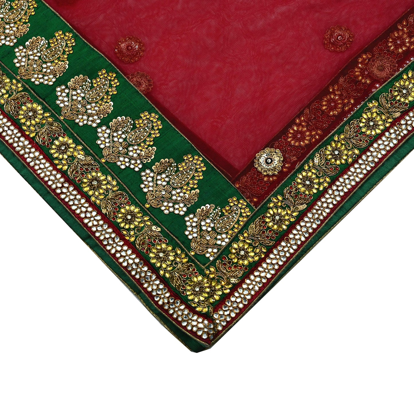 Indian Vintage Heavy Wedding Red Dupatta Net Mesh Long Stole Hand Embroidered Scarves Golden Zardozi Dabka Zari Stole