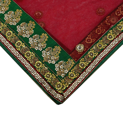 Indian Vintage Heavy Wedding Red Dupatta Net Mesh Long Stole Hand Embroidered Scarves Golden Zardozi Dabka Zari Stole