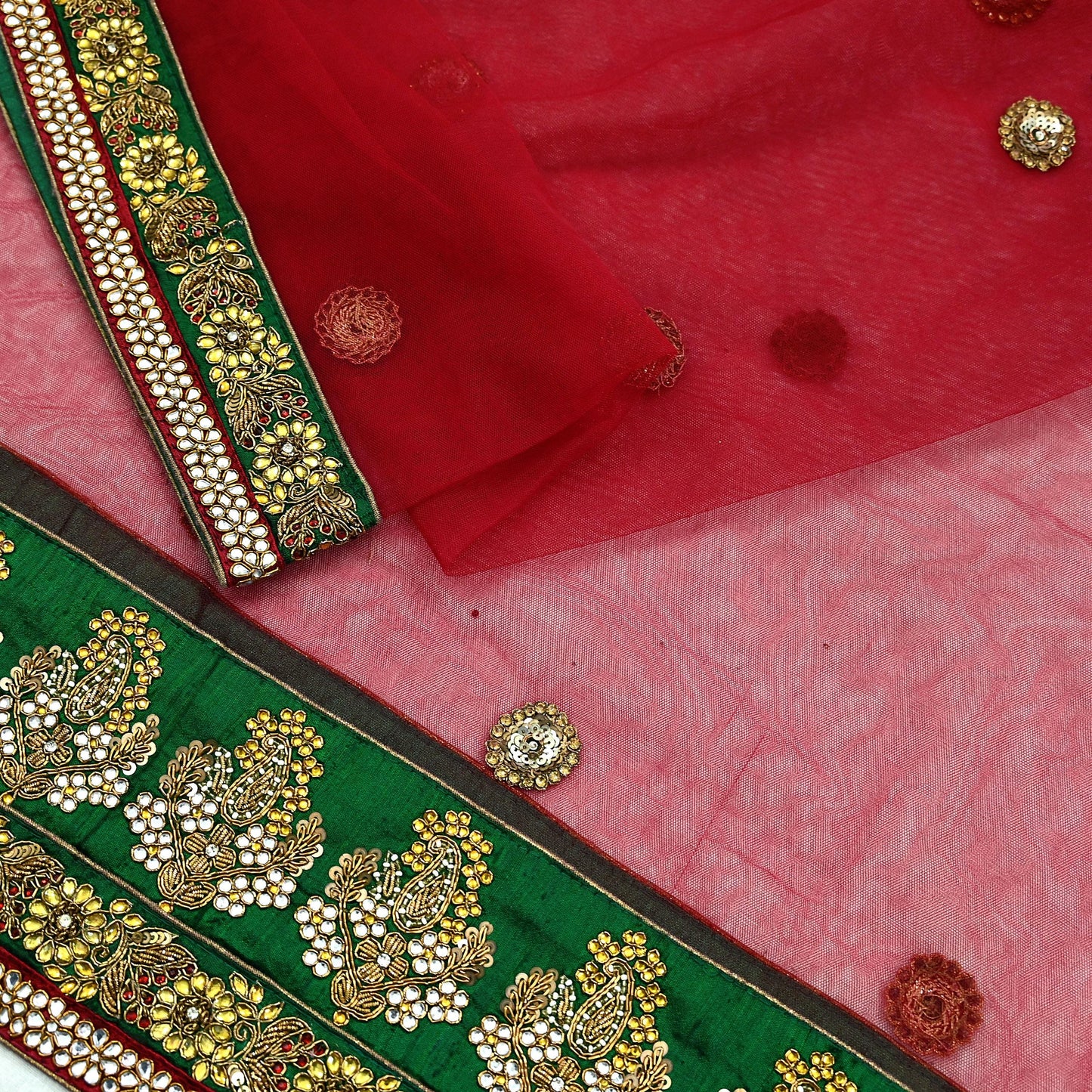 Indian Vintage Heavy Wedding Red Dupatta Net Mesh Long Stole Hand Embroidered Scarves Golden Zardozi Dabka Zari Stole