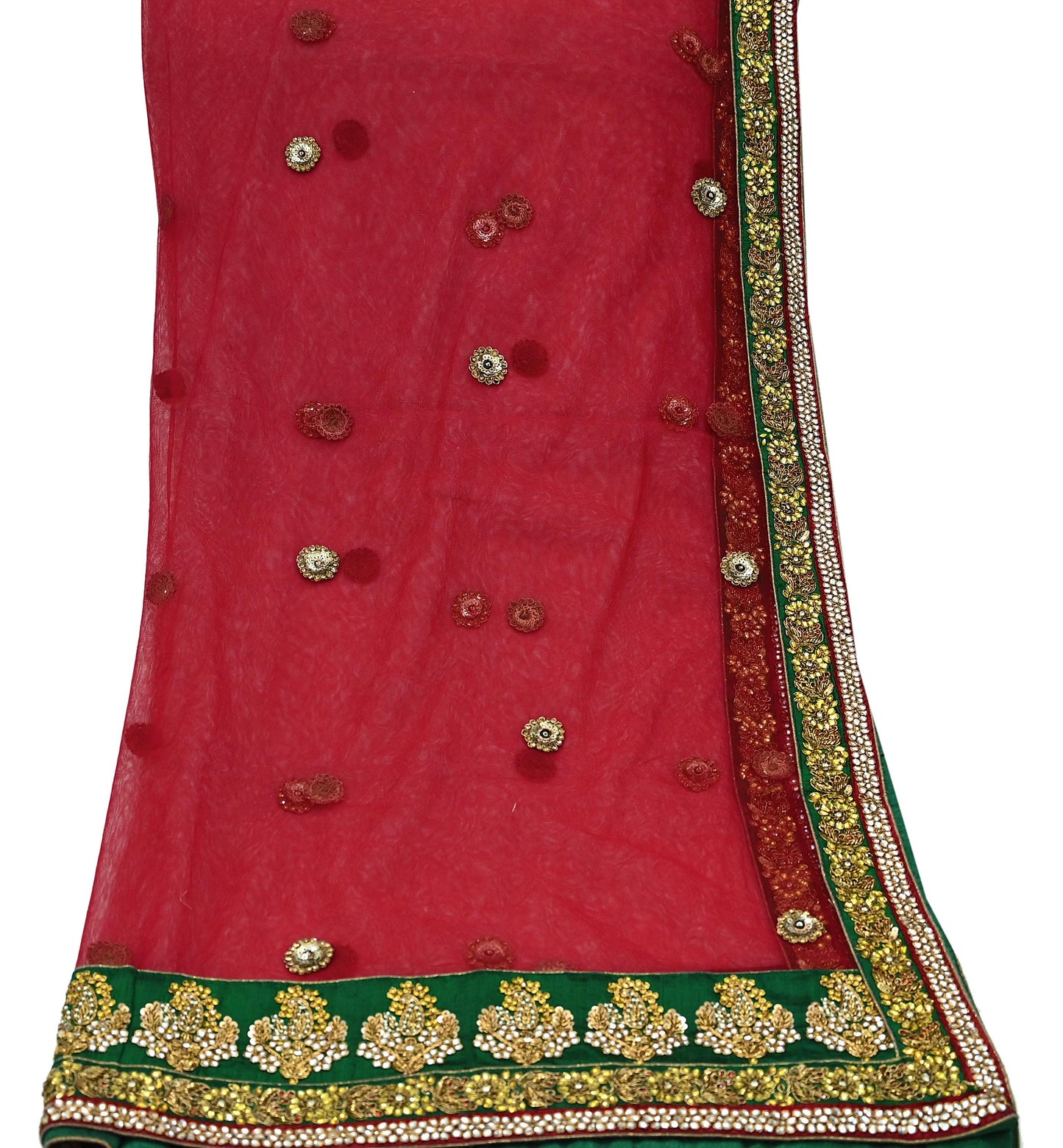 Indian Vintage Heavy Wedding Red Dupatta Net Mesh Long Stole Hand Embroidered Scarves Golden Zardozi Dabka Zari Stole