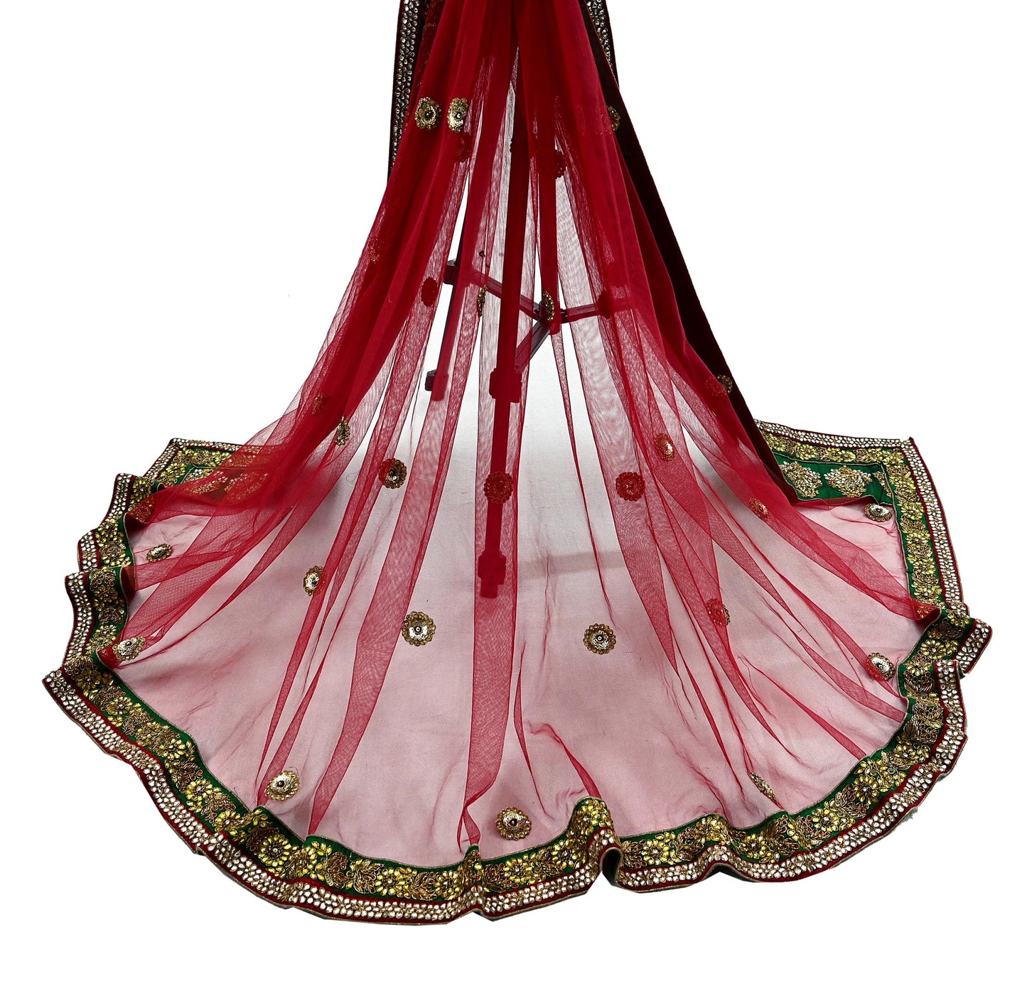 Indian Vintage Heavy Wedding Red Dupatta Net Mesh Long Stole Hand Embroidered Scarves Golden Zardozi Dabka Zari Stole
