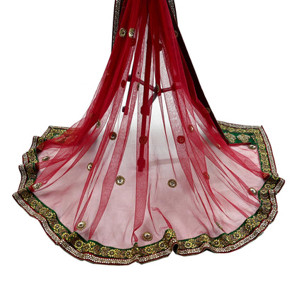 Indian Vintage Heavy Wedding Red Dupatta Net Mesh Long Stole Hand Embroidered Scarves Golden Zardozi Dabka Zari Stole