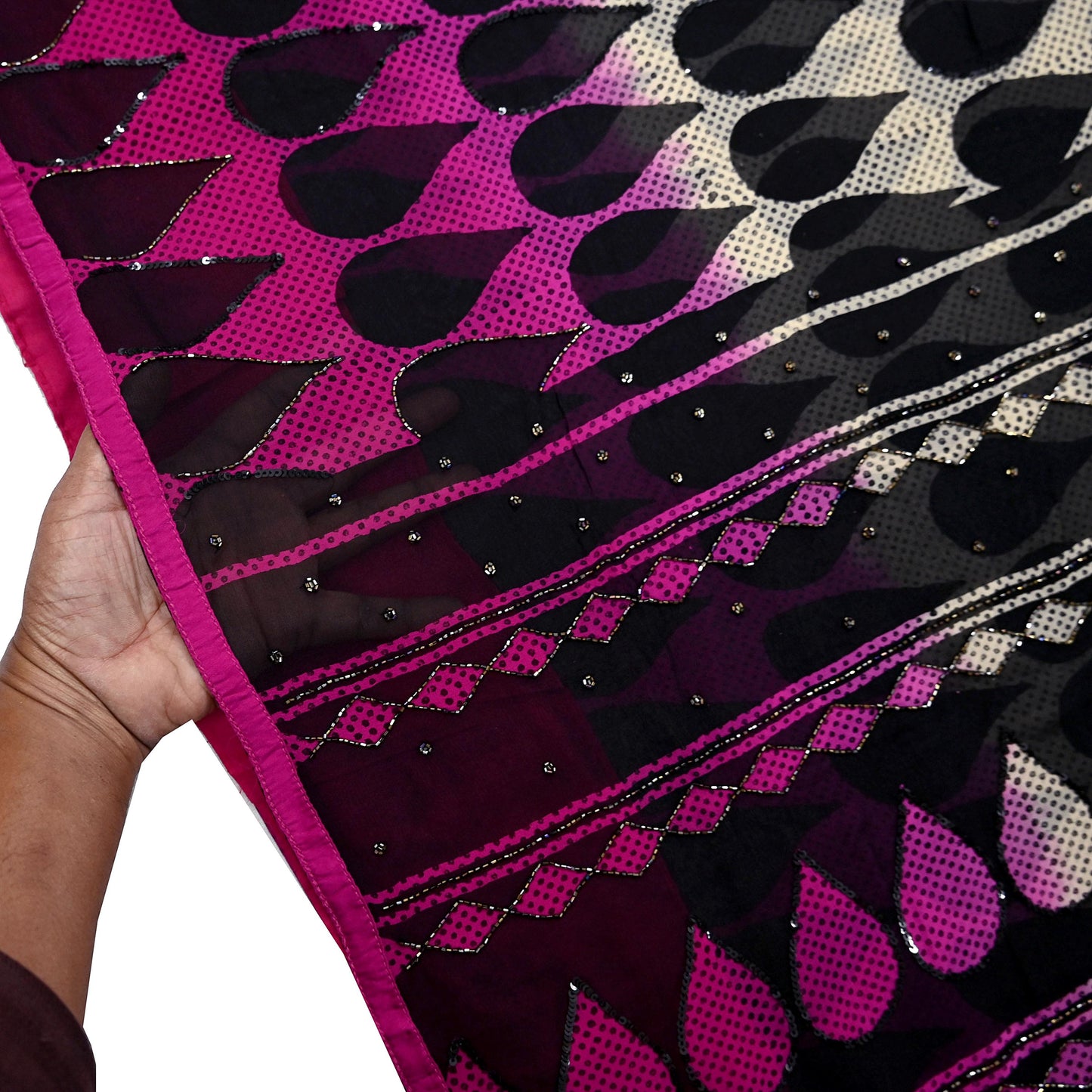 Indian Vintage Sari White & Black Hand Embroidered Printed Pure Georgette Silk Sari Saree Fabric 6Yd Sequins