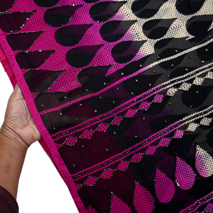 Indian Vintage Sari White & Black Hand Embroidered Printed Pure Georgette Silk Sari Saree Fabric 6Yd Sequins