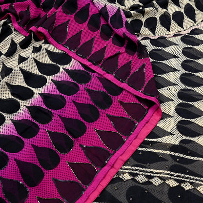 Indian Vintage Sari White & Black Hand Embroidered Printed Pure Georgette Silk Sari Saree Fabric 6Yd Sequins