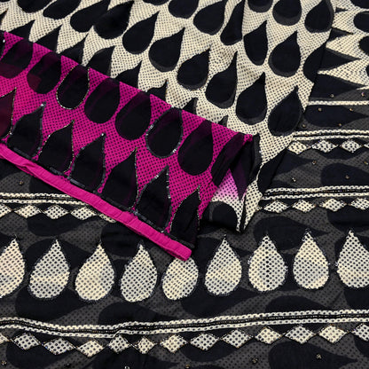 Indian Vintage Sari White & Black Hand Embroidered Printed Pure Georgette Silk Sari Saree Fabric 6Yd Sequins