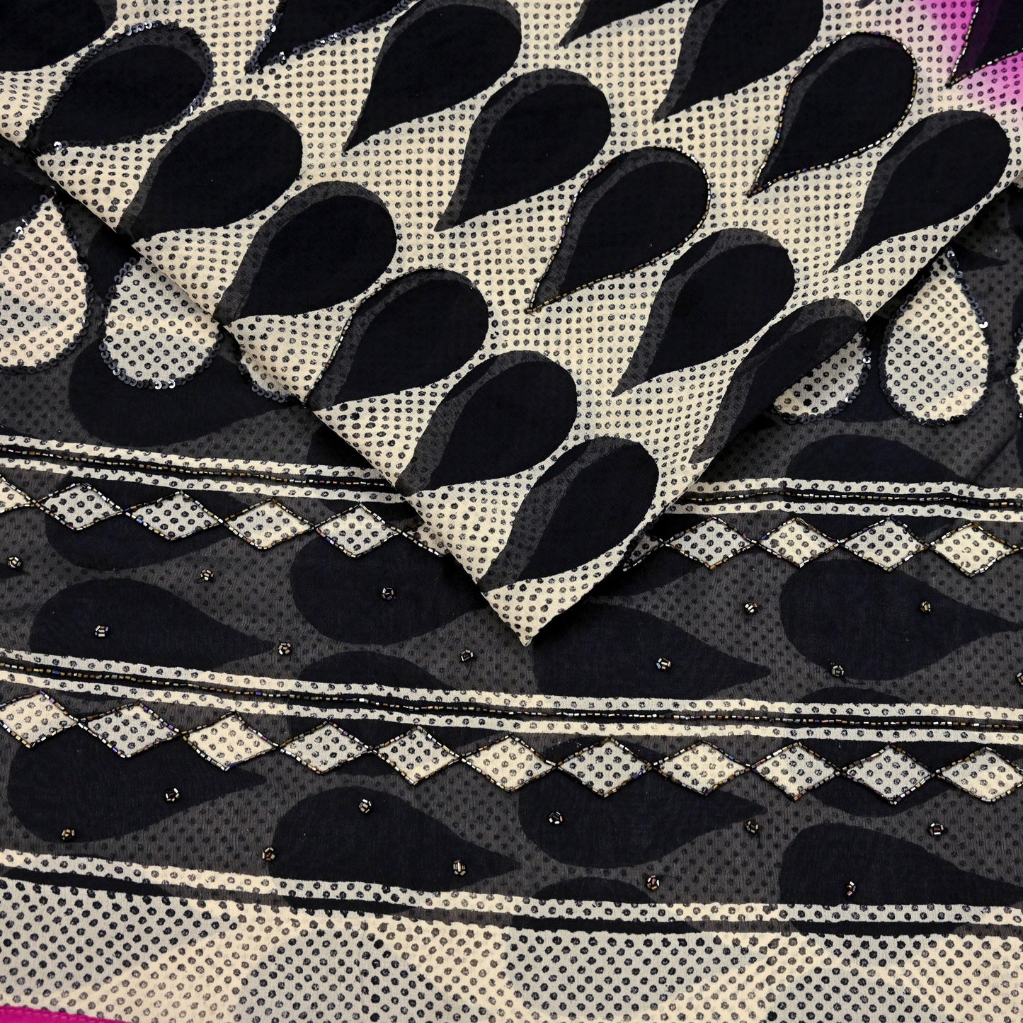 Indian Vintage Sari White & Black Hand Embroidered Printed Pure Georgette Silk Sari Saree Fabric 6Yd Sequins