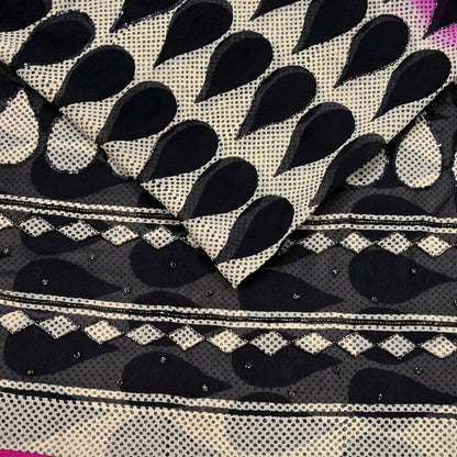 Indian Vintage Sari White & Black Hand Embroidered Printed Pure Georgette Silk Sari Saree Fabric 6Yd Sequins