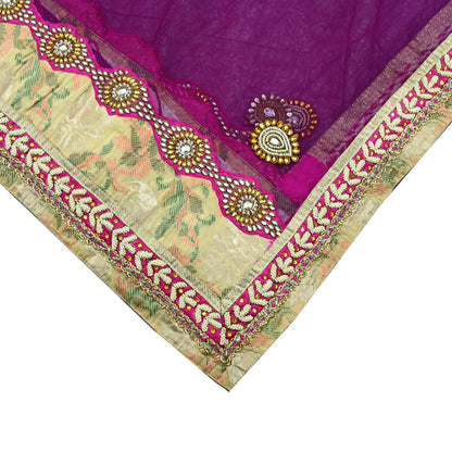 Indian Vintage Heavy Wedding Purple Dupatta Net Mesh Long Stole Hand Embroidered Scarves Golden Zardozi Dabka Zari Stole