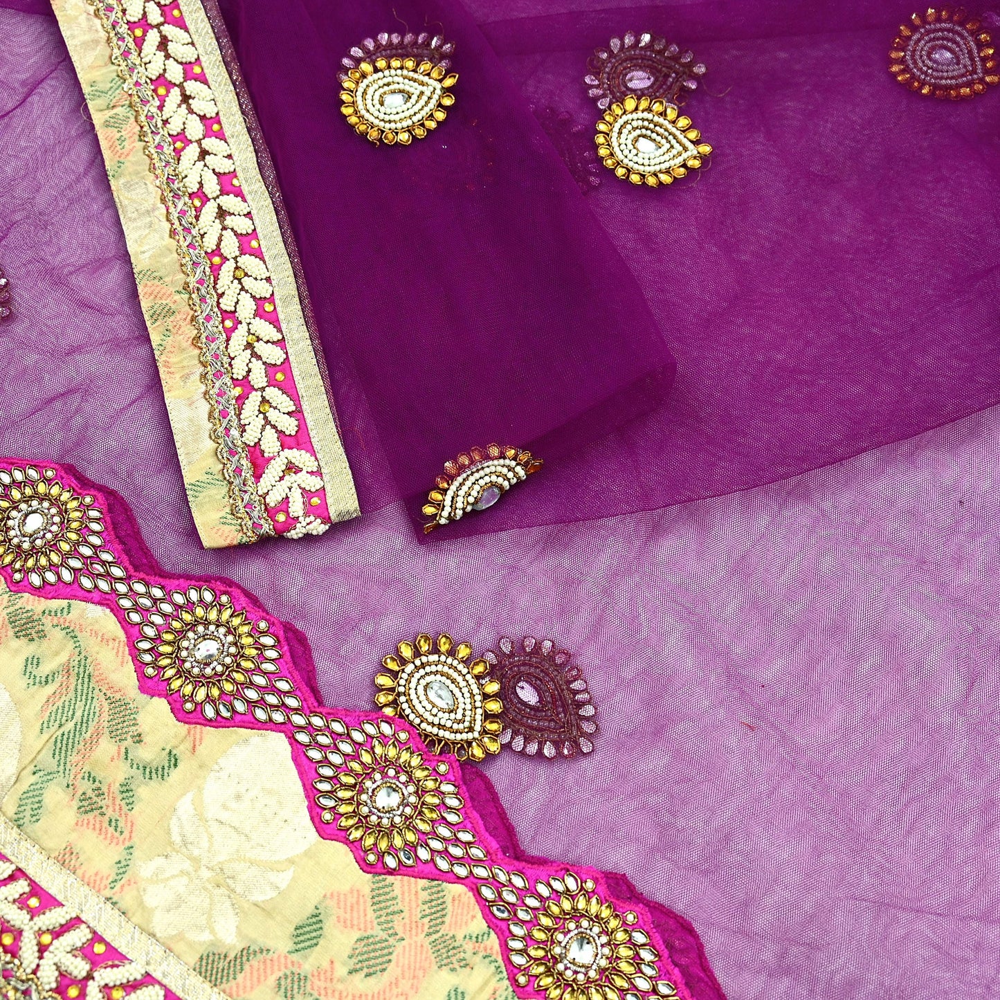 Indian Vintage Heavy Wedding Purple Dupatta Net Mesh Long Stole Hand Embroidered Scarves Golden Zardozi Dabka Zari Stole