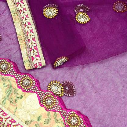 Indian Vintage Heavy Wedding Purple Dupatta Net Mesh Long Stole Hand Embroidered Scarves Golden Zardozi Dabka Zari Stole