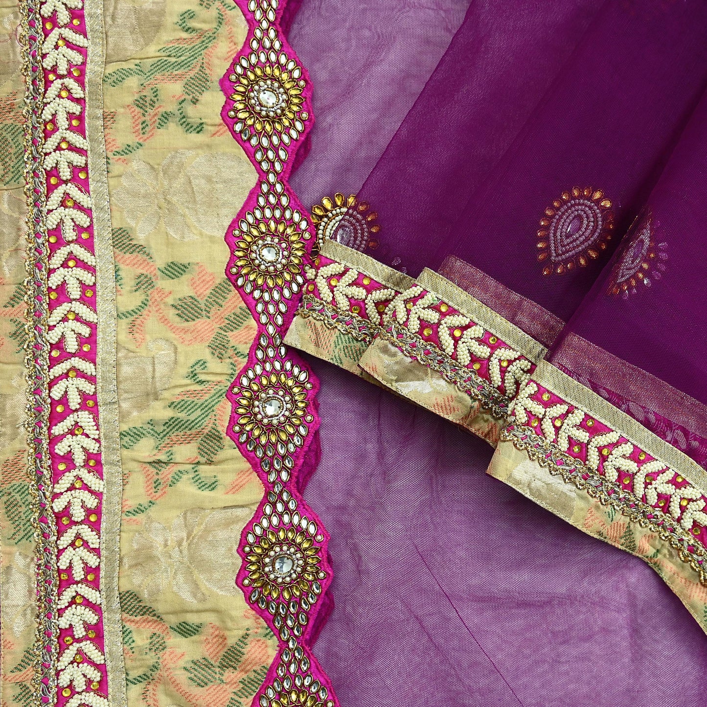 Indian Vintage Heavy Wedding Purple Dupatta Net Mesh Long Stole Hand Embroidered Scarves Golden Zardozi Dabka Zari Stole