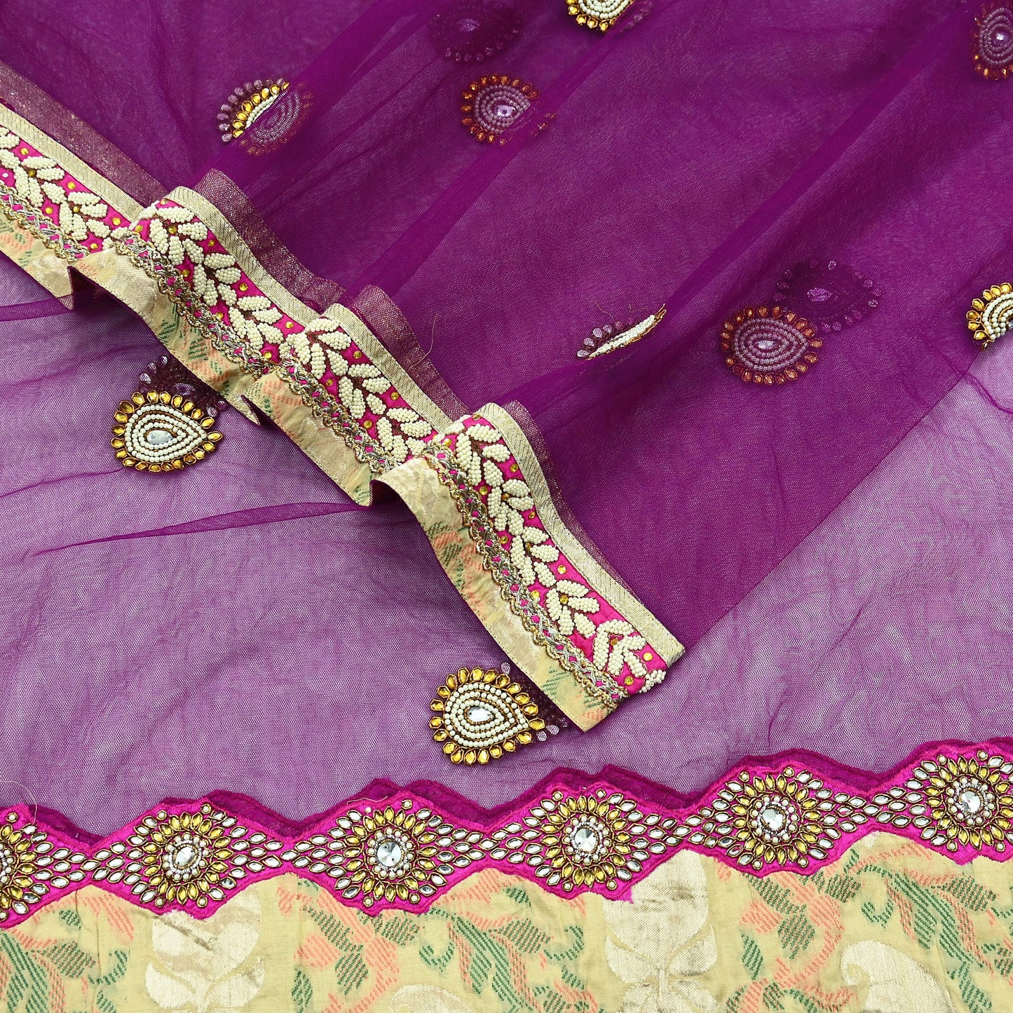 Indian Vintage Heavy Wedding Purple Dupatta Net Mesh Long Stole Hand Embroidered Scarves Golden Zardozi Dabka Zari Stole