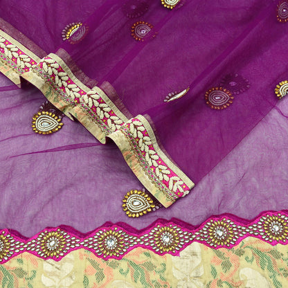 Indian Vintage Heavy Wedding Purple Dupatta Net Mesh Long Stole Hand Embroidered Scarves Golden Zardozi Dabka Zari Stole