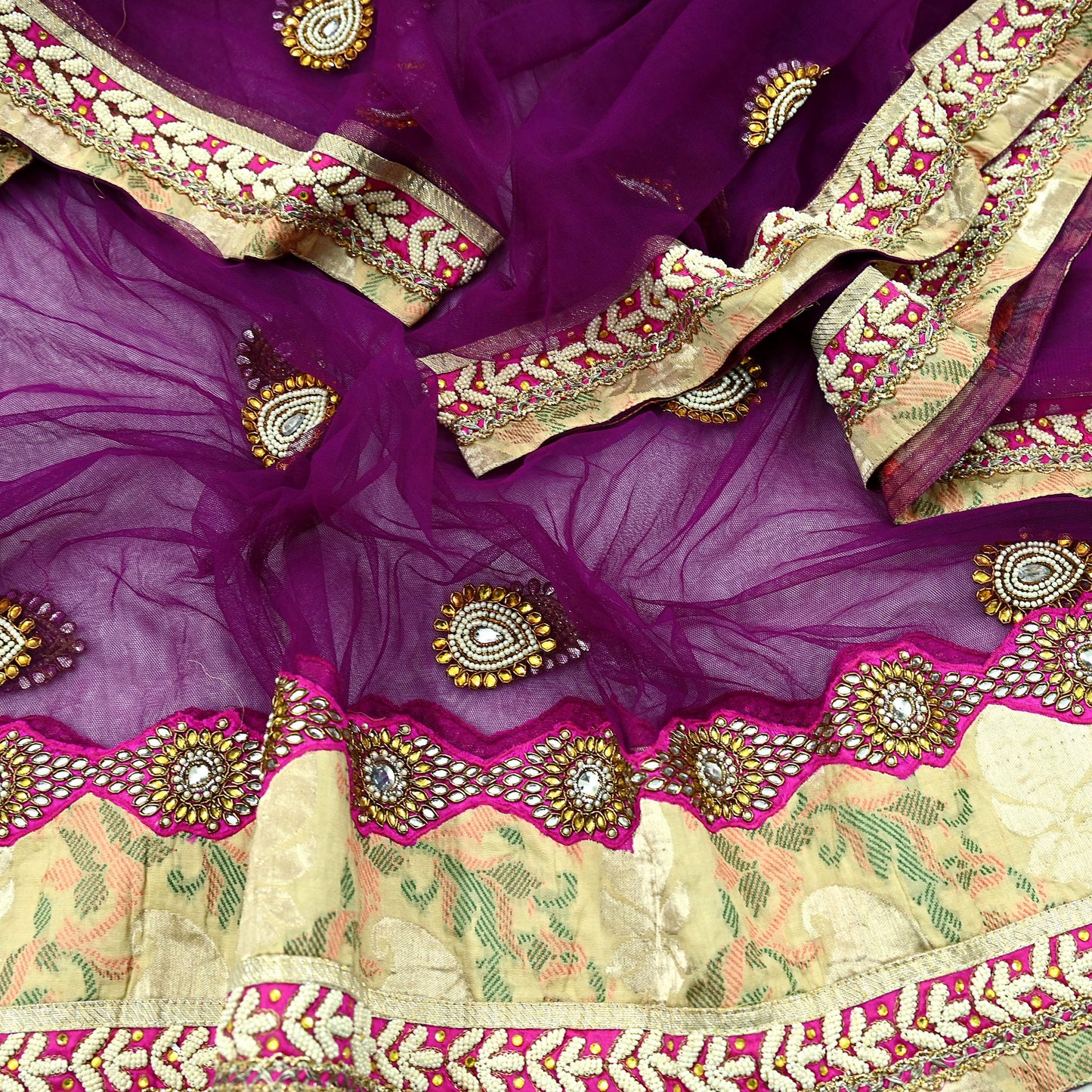 Indian Vintage Heavy Wedding Purple Dupatta Net Mesh Long Stole Hand Embroidered Scarves Golden Zardozi Dabka Zari Stole