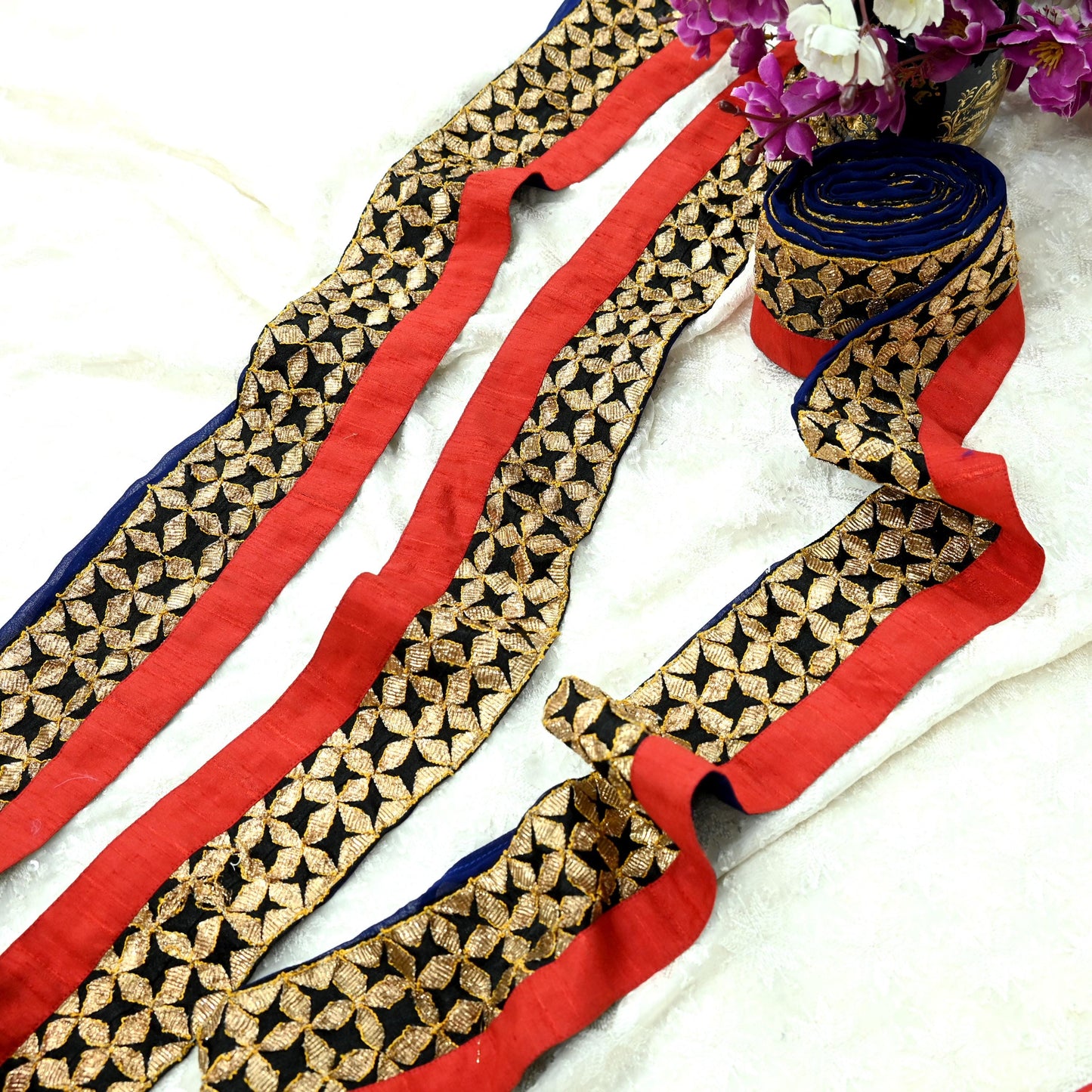 Indian Vintage Red & Black Saree Border Hand Embroidered Gota Patti 1yd Craft Trim Lace Sewing Sari Ribbon chanderi