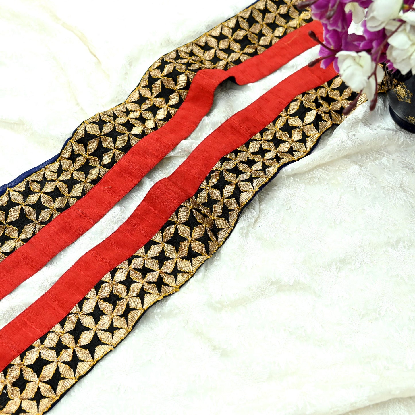 Indian Vintage Red & Black Saree Border Hand Embroidered Gota Patti 1yd Craft Trim Lace Sewing Sari Ribbon chanderi