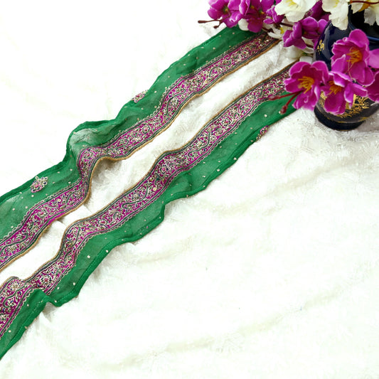 Indian Vintage Green Sari Border Hand Embroidered 1yd Craft Trim Lace Sewing Pure Georgette Silk Ribbon Recycled Sari Border Zari
