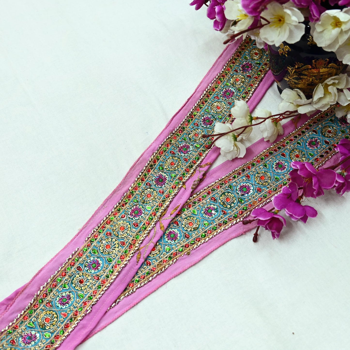 Indian Vintage Pink Sari Border Hand Embroidered Indian Craft Trim Lace Sewing Sari Ribbon Pure Crepe silk  Zardozi/Dabka Zari