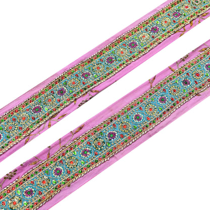 Indian Vintage Pink Sari Border Hand Embroidered Indian Craft Trim Lace Sewing Sari Ribbon Pure Crepe silk  Zardozi/Dabka Zari