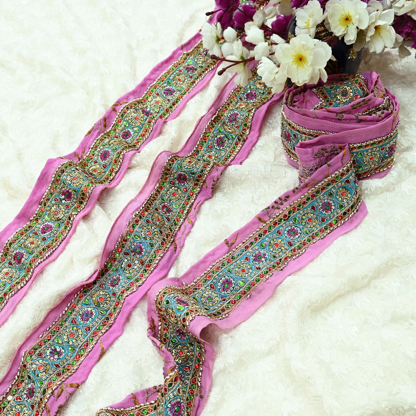 Indian Vintage Pink Sari Border Hand Embroidered Indian Craft Trim Lace Sewing Sari Ribbon Pure Crepe silk  Zardozi/Dabka Zari